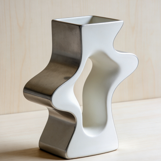 Two-Tone Hollow Ceramic Vase - White & Silver Abstract Sculpture for Shelf Decor