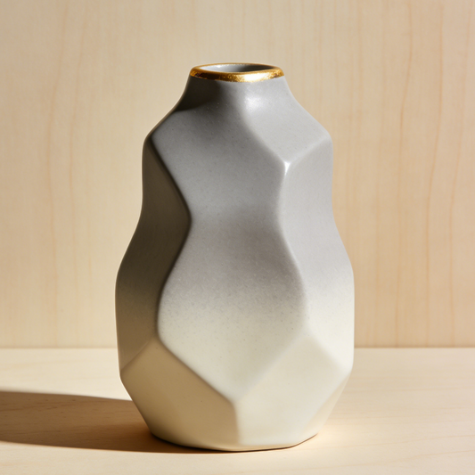 Gradient Geometric Ceramic Vase - Grey & White Vase with Gold Rim for Minimalist Home Decor